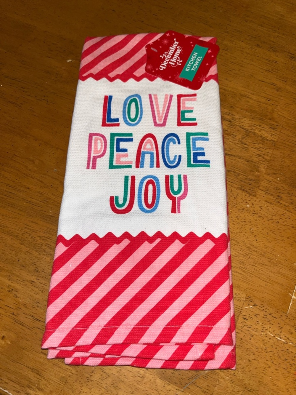 December Home Love Peace Joy Striped Pink Red Stripe 100% Cotton Kitchen Towel
